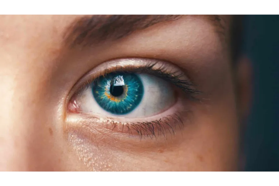 Close up of a persons blue left eye