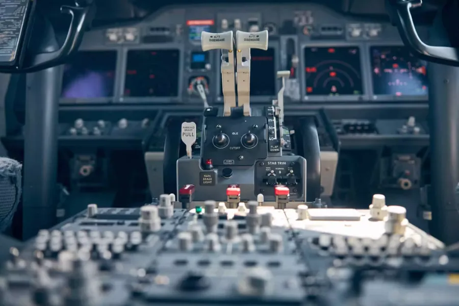Thrust levers in cockpit or pilot cabin of airplane